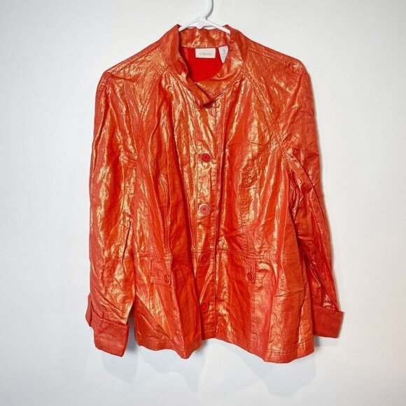Chico's Womens Linen Blend Button Up Jacket Metallic Orange Size 3 Long Sleeve - Picture 1 of 6